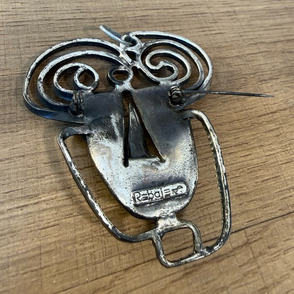 Vintage Modernist Abstract Face Brooch Silver Tone Artisan Pin - Picture 3 of 4